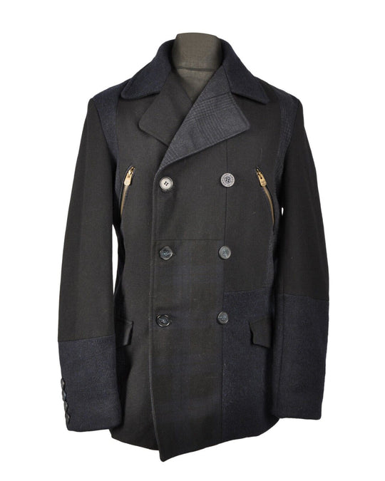 DESIGUAL Pea Coat Black Wool Patchwork Men's Double Breasted Overcoat Size 52