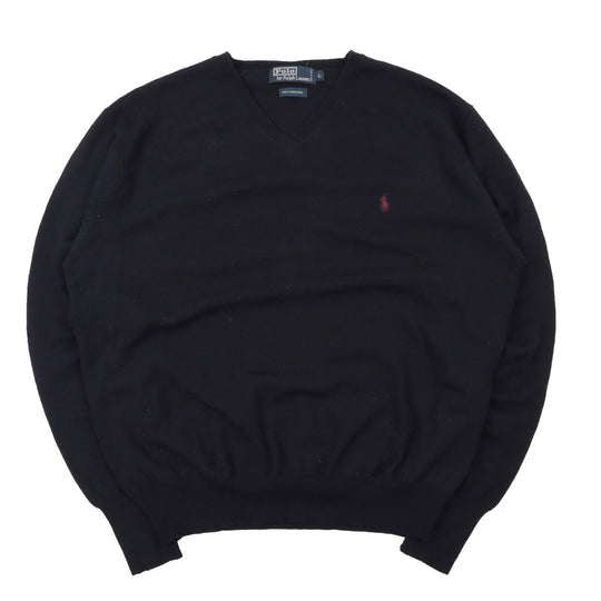 Men's POLO RALPH LAUREN Navy Blue Lambswool V Neck Sweater Jumper Size L