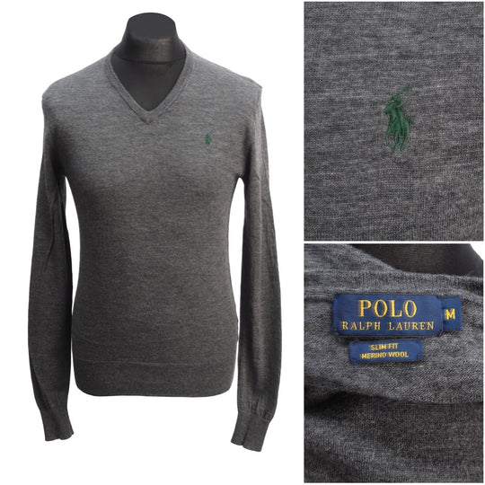 Polo RALPH LAUREN Gray Merino Wool V Neck Men's Jumper Size M Slim Fit