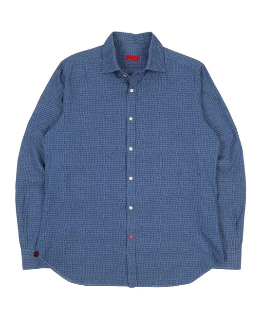 Men's ISAIA Napoli Blue Printed Cotton Bespoke Shirt Size 15 / 40