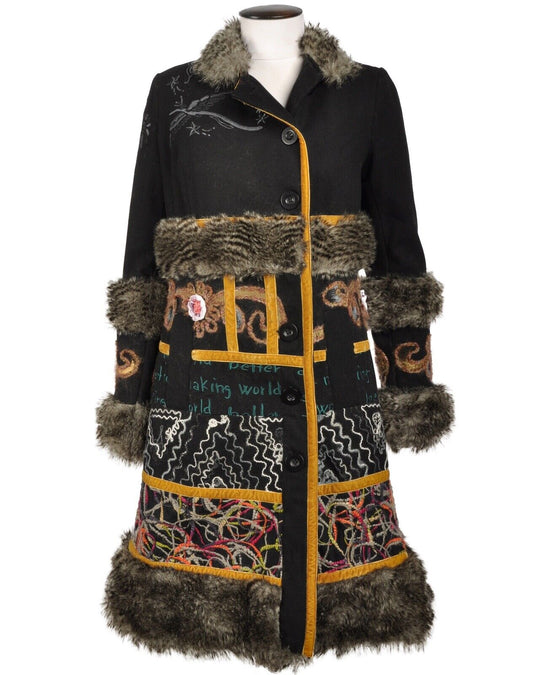 DESIGUAL Coat Black Fur Trimmed Womens Overcoat Size 40