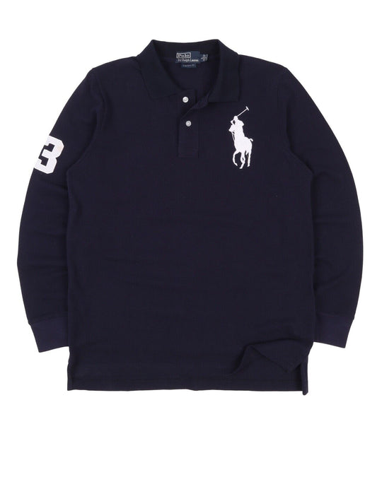 Men's POLO RALPH LAUREN Navy Blue Pique Cotton Big Pony Longsleeve Polo Size L
